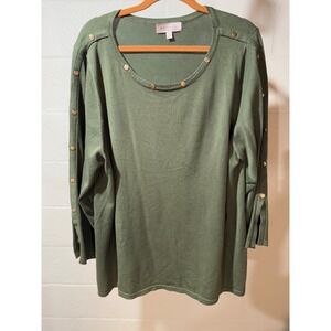 Philosophy Woman Olive Green Studded Button Detail Knit Top Plus Size 3X Tunic